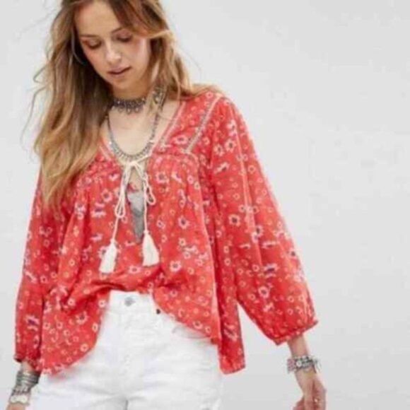 Free People Tops - Free People Never A Dull Moment Red Daisy Print Boho Top  SEE DESCRIPTION Sz S